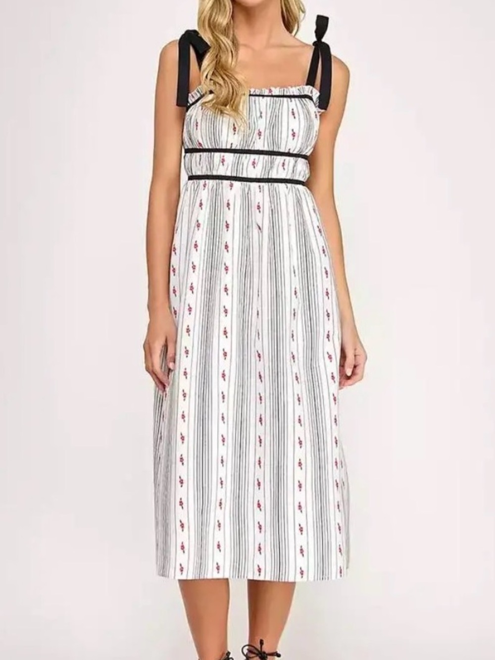 New SENI & CADEEmbroidered Floral Stripe With Tie Shoulders Dress